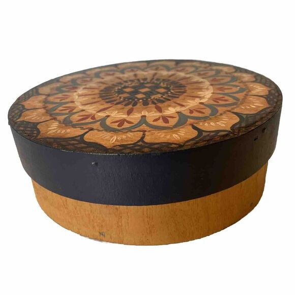 Round Hand Painted Folk Art Wooden Box Storage Vintage‎ 6 inch Stuff Mandala - Picture 3 of 9